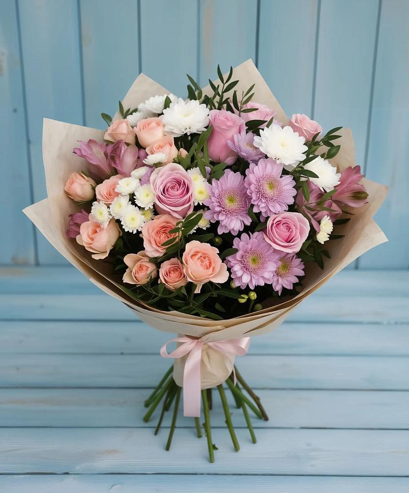 Букет цветов из: Хризантемы, Розы и Альстромерии в Кудепста