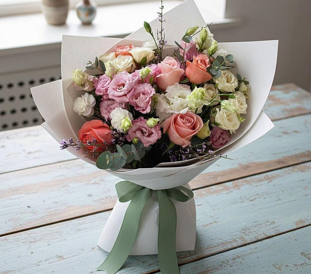 Букет цветов из: Розы, Лизиантусы и Гвоздики в Кудепста