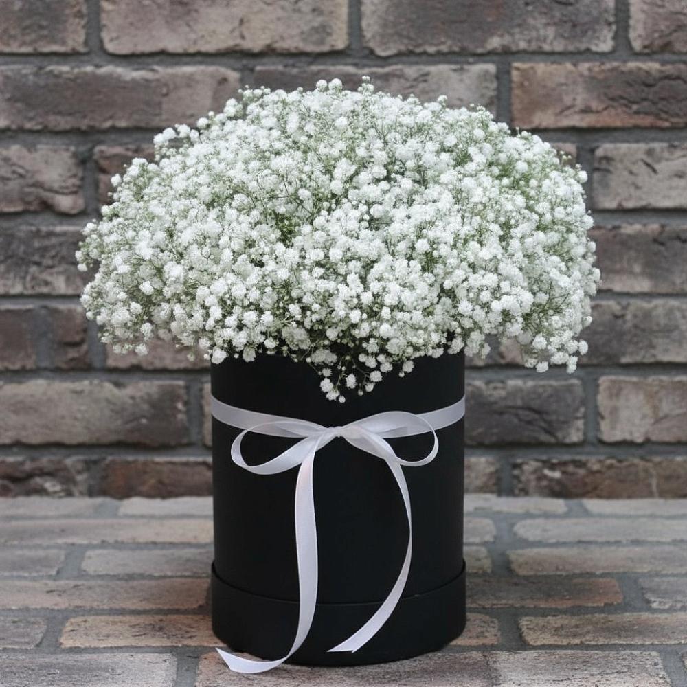 Цветочная композиция из Гипсофила в шляпной коробке в Кудепста