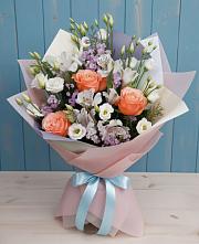 Букет цветов из:  Лизиантусы, Розы, Альстромерии и Гипсофила #REPLACE_PRED# Кудепста